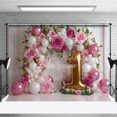 Aperturee - Aperturee Girl First Birthday Balloon Arch Backdrop Pink Rose and Golden Number 1 Photography Background
