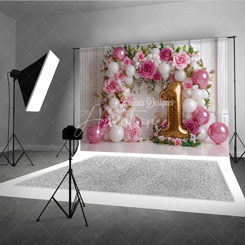 Aperturee - Aperturee Girl First Birthday Balloon Arch Backdrop Pink Rose and Golden Number 1 Photography Background