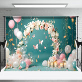 Aperturee - Aperturee Girl Flowers Balloons Cake Smash Photography Backdrop