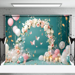Aperturee - Aperturee Girl Flowers Balloons Cake Smash Photography Backdrop