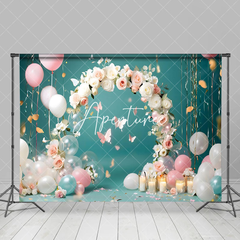 Aperturee - Aperturee Girl Flowers Balloons Cake Smash Photography Backdrop