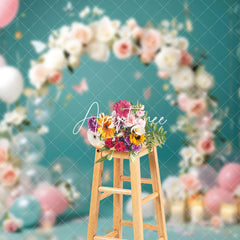 Aperturee - Aperturee Girl Flowers Balloons Cake Smash Photography Backdrop