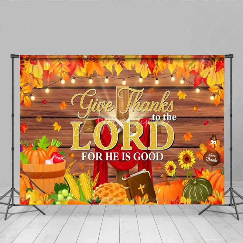 Aperturee - Aperturee Give Thanks to the Lord Backdrop Religious Christian Thanksgiving Banner Autumn Fall Pumpkins Cross Photo Props