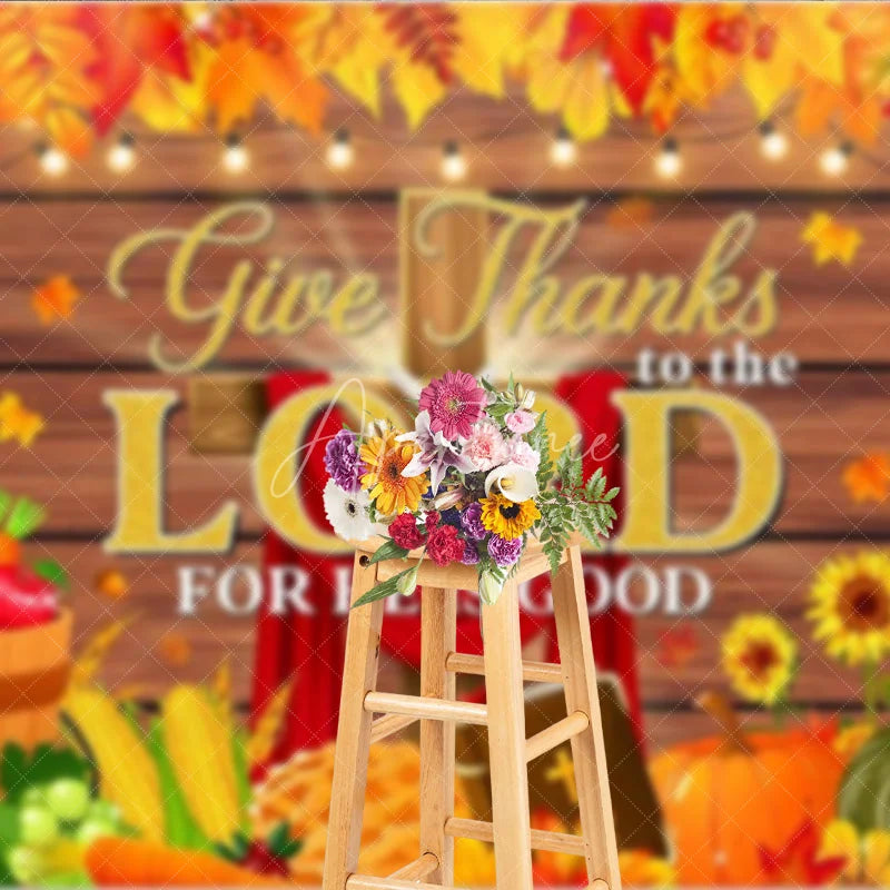 Aperturee - Aperturee Give Thanks to the Lord Backdrop Religious Christian Thanksgiving Banner Autumn Fall Pumpkins Cross Photo Props