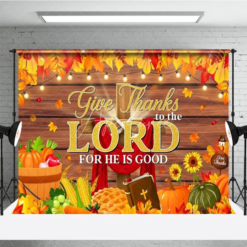 Aperturee - Aperturee Give Thanks to the Lord Backdrop Religious Christian Thanksgiving Banner Autumn Fall Pumpkins Cross Photo Props