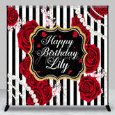 Aperturee - Aperturee Glamorous Black and White Striped Custom Birthday Backdrop with Red Roses Gold Glitter and Pearls for Party Decor