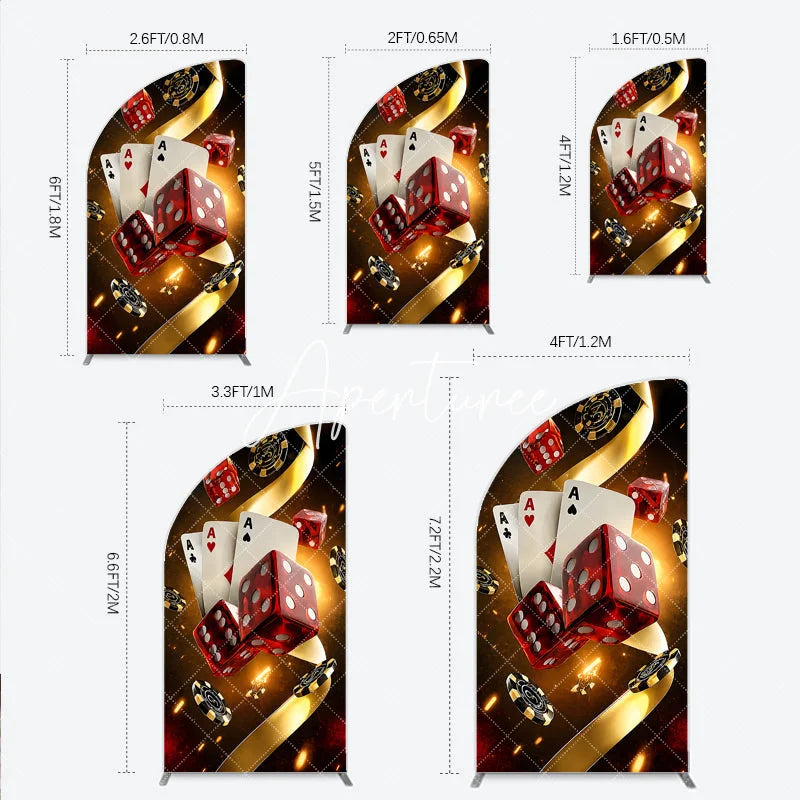 Aperturee - Aperturee Glamorous Casino Game Night Half Moon Arch Backdrop featuring Playing Cards Dice and Golden Chips