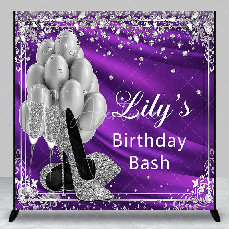 Aperturee - Aperturee Glamorous Purple and Silver Glitter Custom Backdrop featuring High Heels Balloons and Champagne for Birthday Bash