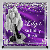 Aperturee - Aperturee Glamorous Purple and Silver Glitter Custom Backdrop featuring High Heels Balloons and Champagne for Birthday Bash