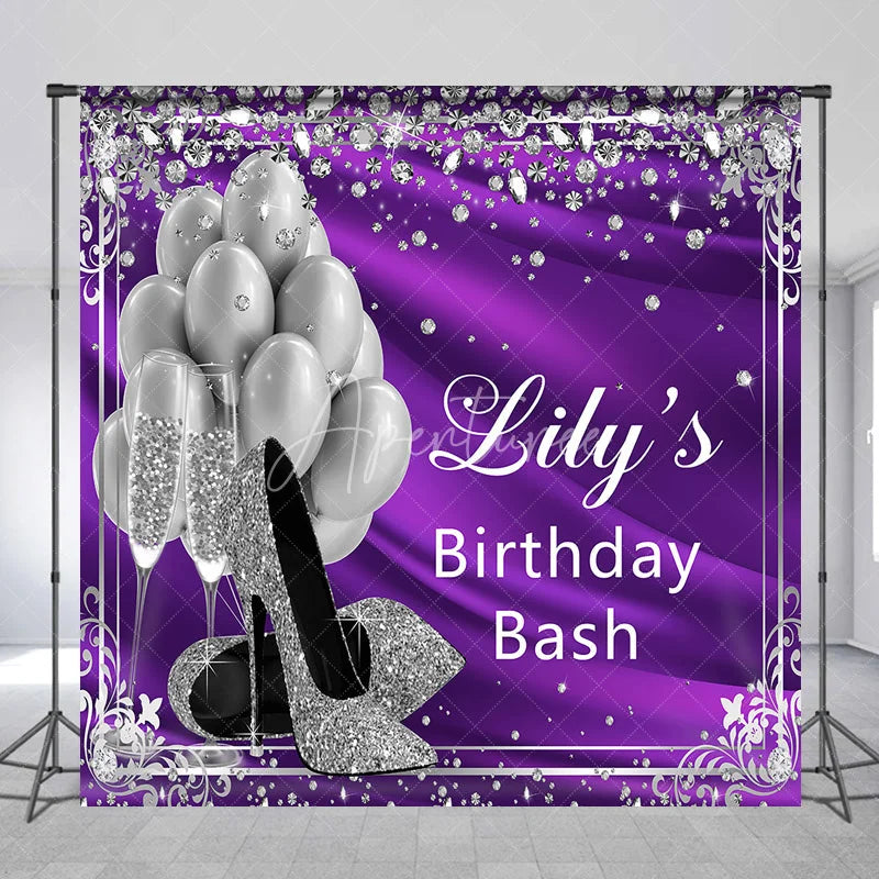 Aperturee - Aperturee Glamorous Purple and Silver Glitter Custom Backdrop featuring High Heels Balloons and Champagne for Birthday Bash