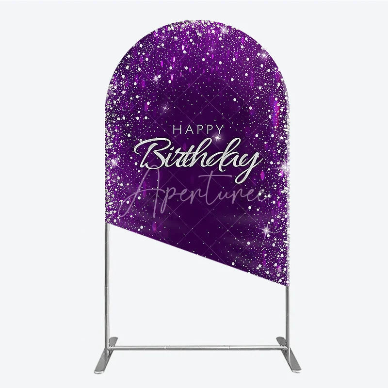 Aperturee - Aperturee Glamorous Purple and Silver Glitter Happy Birthday Round Top Arch Backdrop Elegant Celebration Party Decor