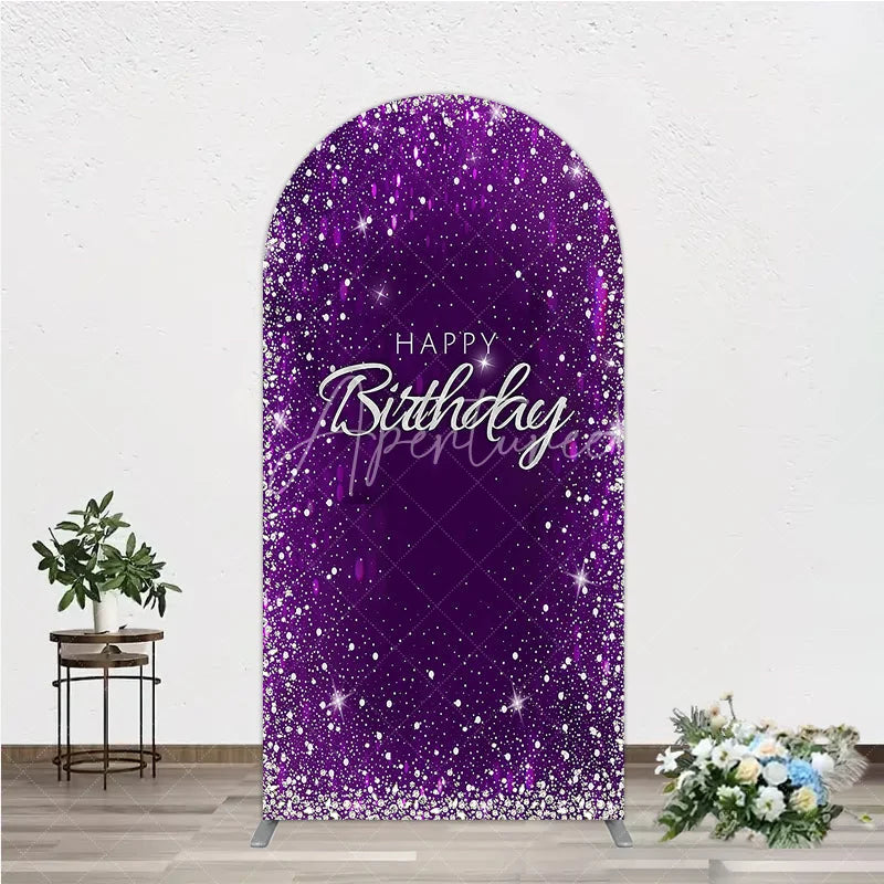 Aperturee - Aperturee Glamorous Purple and Silver Glitter Happy Birthday Round Top Arch Backdrop Elegant Celebration Party Decor