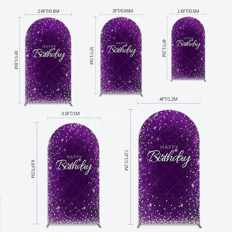 Aperturee - Aperturee Glamorous Purple and Silver Glitter Happy Birthday Round Top Arch Backdrop Elegant Celebration Party Decor