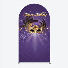 Aperturee - Aperturee Glamorous Purple Happy Birthday Arch Backdrop with Gold Masquerade Mask Elegant Feather Party Decor