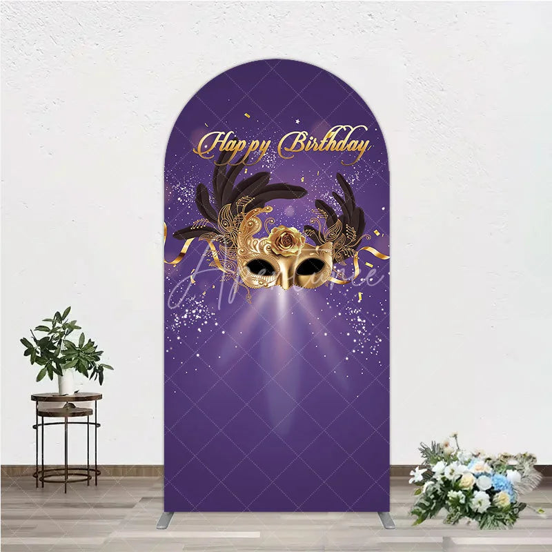 Aperturee - Aperturee Glamorous Purple Happy Birthday Arch Backdrop with Gold Masquerade Mask Elegant Feather Party Decor