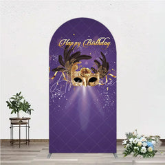 Aperturee - Aperturee Glamorous Purple Happy Birthday Arch Backdrop with Gold Masquerade Mask Elegant Feather Party Decor