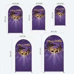 Aperturee - Aperturee Glamorous Purple Happy Birthday Arch Backdrop with Gold Masquerade Mask Elegant Feather Party Decor