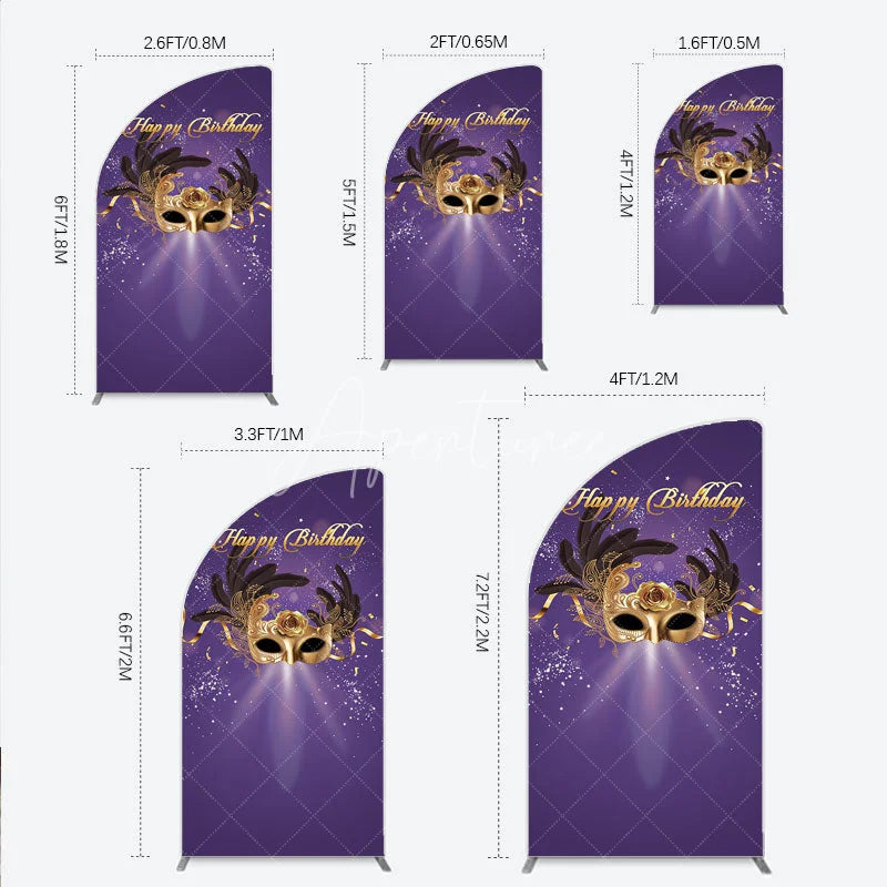 Aperturee - Aperturee Glamorous Purple Happy Birthday Half Moon Arch Backdrop with Gold Masquerade Mask Elegant Feather Party Decor