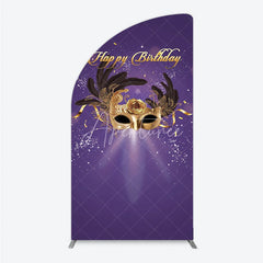 Aperturee - Aperturee Glamorous Purple Happy Birthday Half Moon Arch Backdrop with Gold Masquerade Mask Elegant Feather Party Decor