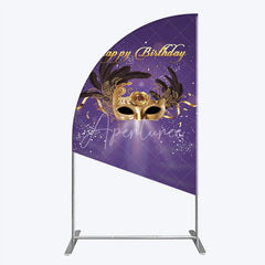 Aperturee - Aperturee Glamorous Purple Happy Birthday Half Moon Arch Backdrop with Gold Masquerade Mask Elegant Feather Party Decor