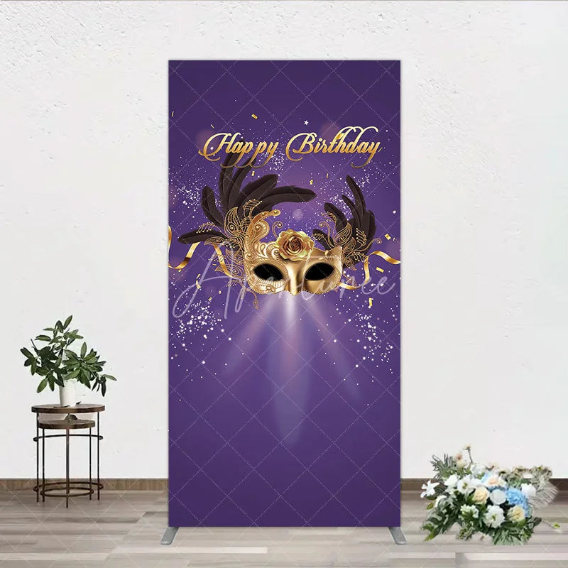 Aperturee - Aperturee Glamorous Purple Happy Birthday Rectangle Backdrop with Gold Masquerade Mask Elegant Feather Party Decor