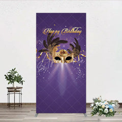 Aperturee - Aperturee Glamorous Purple Happy Birthday Rectangle Backdrop with Gold Masquerade Mask Elegant Feather Party Decor