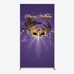 Aperturee - Aperturee Glamorous Purple Happy Birthday Rectangle Backdrop with Gold Masquerade Mask Elegant Feather Party Decor