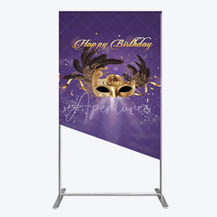 Aperturee - Aperturee Glamorous Purple Happy Birthday Rectangle Backdrop with Gold Masquerade Mask Elegant Feather Party Decor
