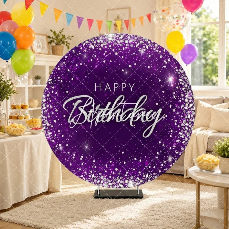 Aperturee - Aperturee Glamorous Purple Silver Glitter Diamond Happy Birthday Round Backdrop Elegant Celebration Party Decor