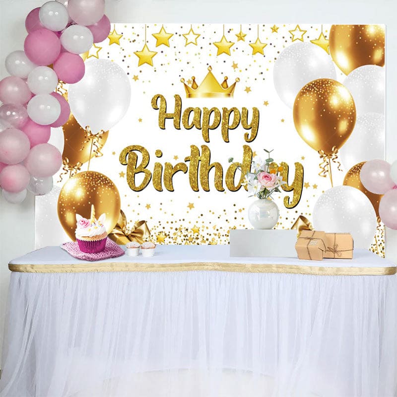 Aperturee - Aperturee Glitter Balloon Crown Star Happy Birthday Backdrop