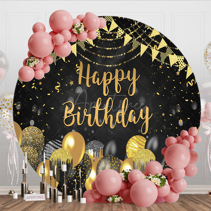 Aperturee - Aperturee Glitter Balloon Flags Round Happy Birthday Backdrop
