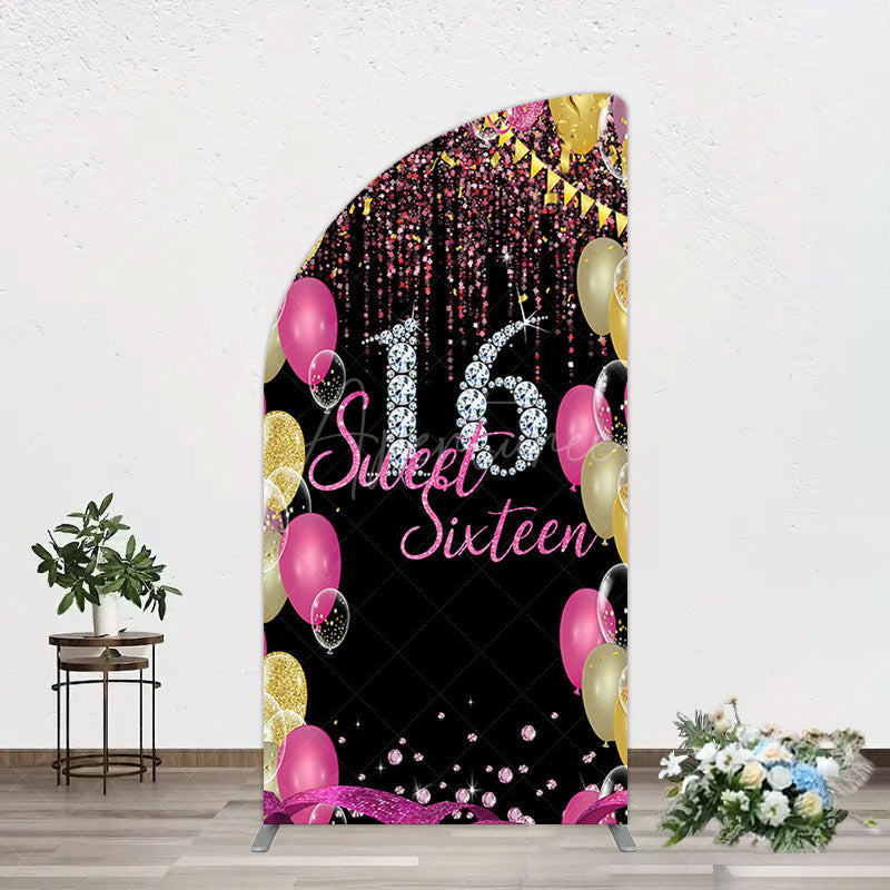 Aperturee - Aperturee Glitter Balloons Sweet 16 Birthday Half Moon Arch Backdrop
