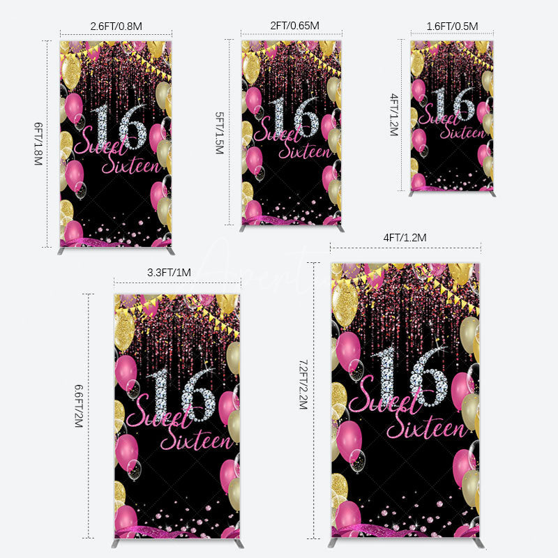 Aperturee - Aperturee Glitter Balloons Sweet 16 Birthday Rectangle Backdrop