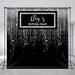 Aperturee - Aperturee Glitter Black Silver Custom Name Birthday Backdrop