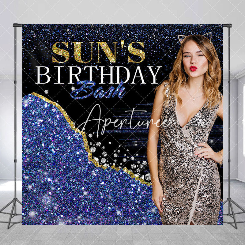 Aperturee - Aperturee Glitter Blue Diamonds Custom Photo Birthday Backdrop