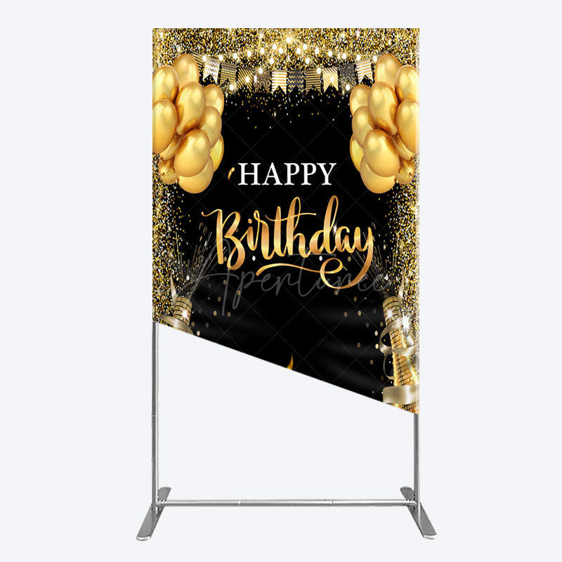 Aperturee - Aperturee Glitter Gold Balloon Flag Bokeh Black Rectangle Backdrop