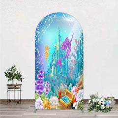 Aperturee - Aperturee Glitter Mermaid and Underwater Castle Arch Backdrop Sea Shells and Treasure Party Decoration