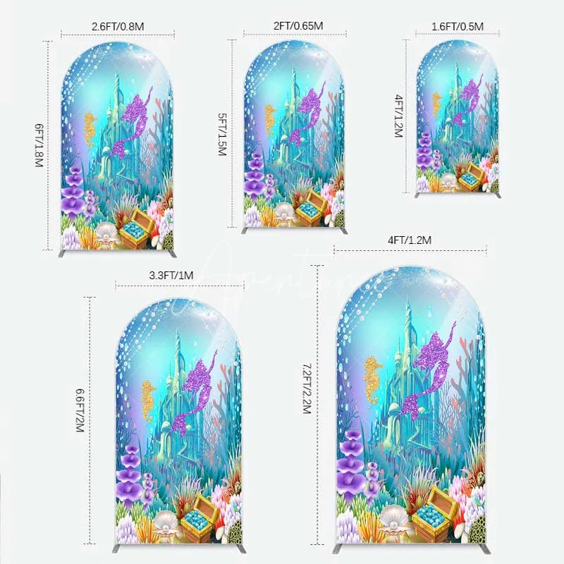 Aperturee - Aperturee Glitter Mermaid and Underwater Castle Arch Backdrop Sea Shells and Treasure Party Decoration