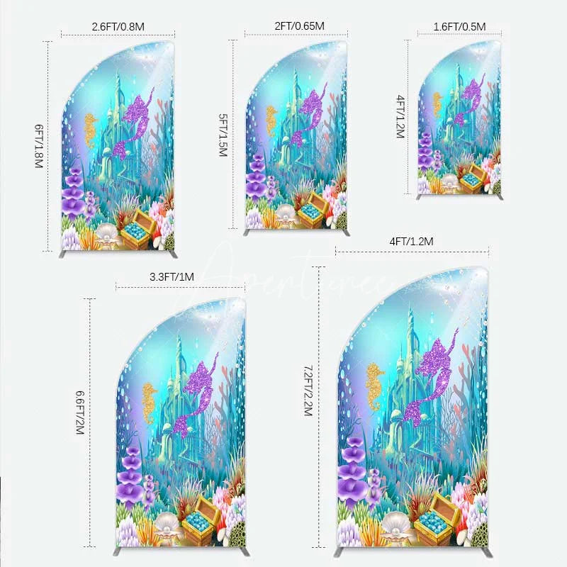 Aperturee - Aperturee Glitter Mermaid and Underwater Castle Half Moon Arch Backdrop Sea Shells and Treasure Party Decoration