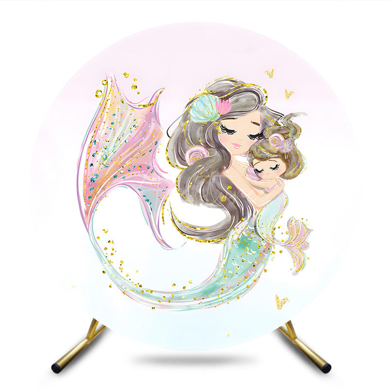 Aperturee - Aperturee Glitter Mermaid Cartoon Sweet Family Round Backdrop