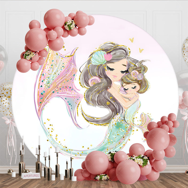 Aperturee - Aperturee Glitter Mermaid Cartoon Sweet Family Round Backdrop