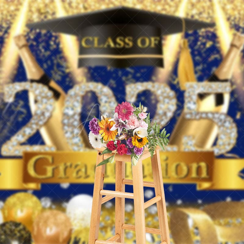 Aperturee - Aperturee Glorious Blue Gold Glitter Congrats Grad Backdrop