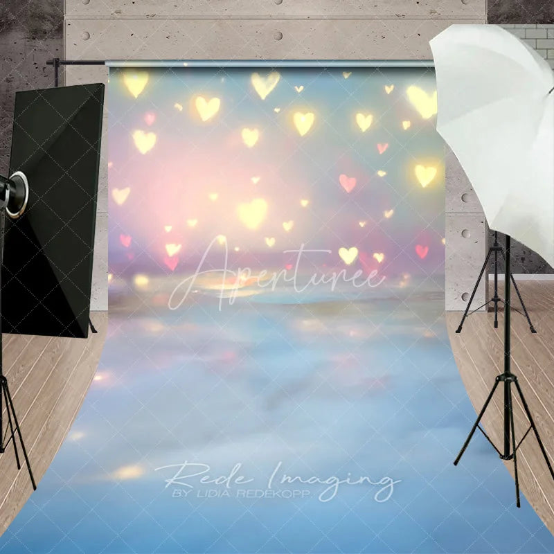 Aperturee - Aperturee Glowing Hearts Bokeh Photography Backdrop Pastel Pink and Blue Romantic Sweep Portrait Studio Background
