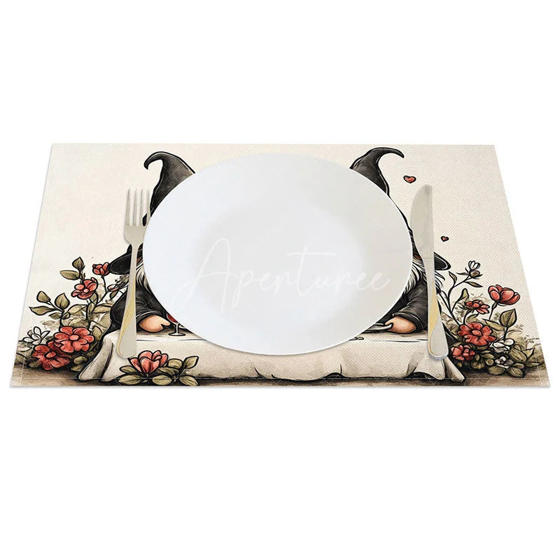 Aperturee - Aperturee Gnome Couple Candlelight Dinner Set of 4 Placemats Romantic Valentine Decoration Love Table Mat
