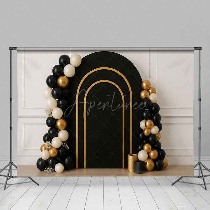 Aperturee - Aperturee Gold And Black Arch Balloons Cake Smash Backdrop