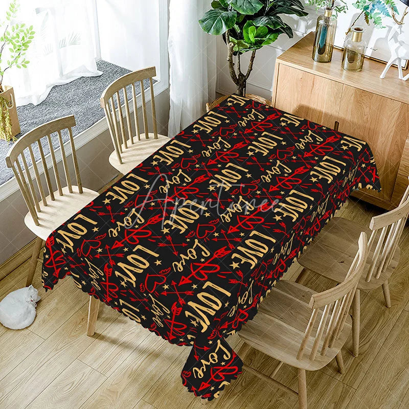 Aperturee - Aperturee Gold and Red Love Arrow Rectangle Tablecloth Black Background Graffiti Style Edgy Valentine Party Decor