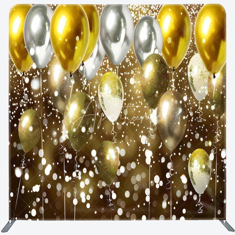 Aperturee - Aperturee Gold and Silver Balloons Double-Sided Tension Fabric Backdrop Bokeh Lights for Birthday New Year’s Eve Party