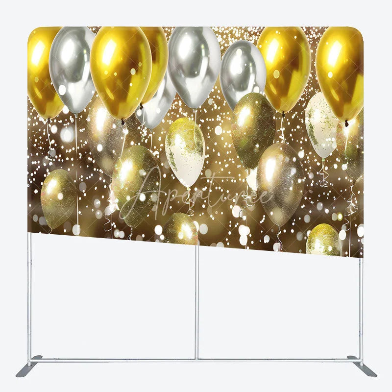 Aperturee - Aperturee Gold and Silver Balloons Double-Sided Tension Fabric Backdrop Bokeh Lights for Birthday New Year’s Eve Party