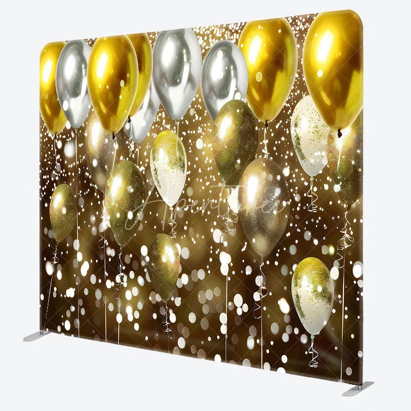 Aperturee - Aperturee Gold and Silver Balloons Double-Sided Tension Fabric Backdrop Bokeh Lights for Birthday New Year’s Eve Party