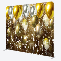 Aperturee - Aperturee Gold and Silver Balloons Double-Sided Tension Fabric Backdrop Bokeh Lights for Birthday New Year’s Eve Party